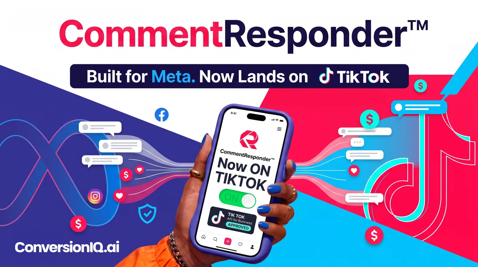 A hand holding a phone showing CommentResponder™ switched on for TikTok, with comment bubbles flowing between the Meta and TikTok logos on either side